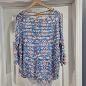 Ruby Rd. Top Womens 3X Blue Coral Sheer Beaded Neckline Nautical Resort Beachy